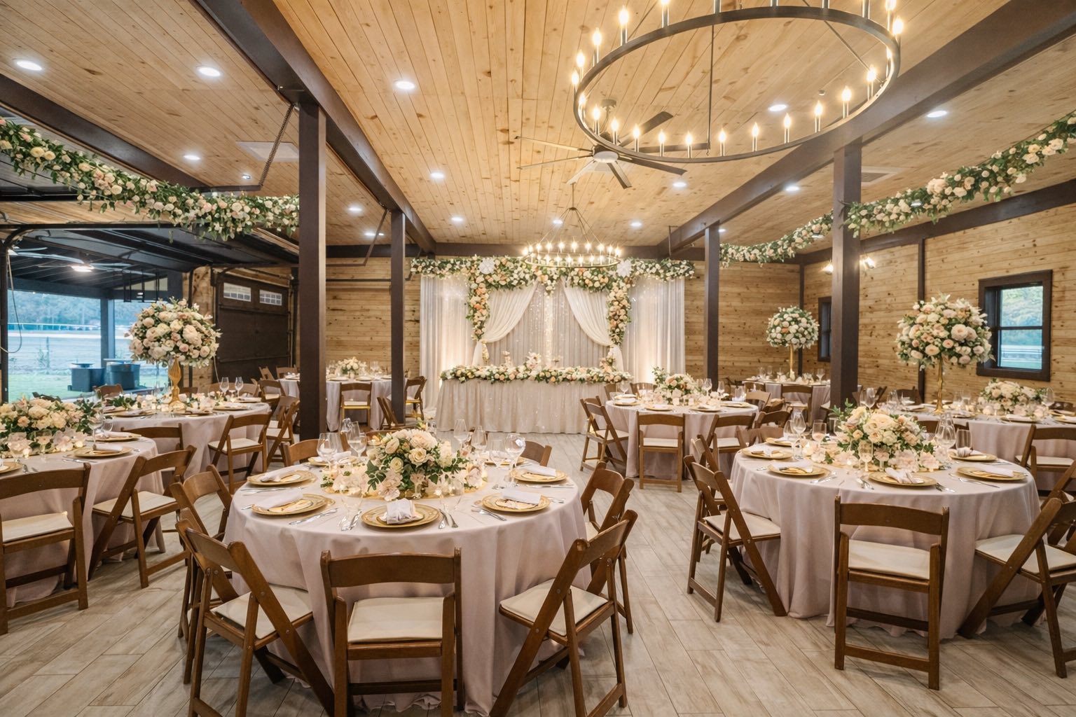 The barn exterior with covered porch and seating